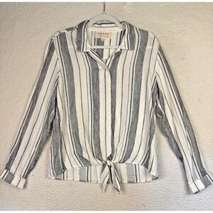 Cloth & Stone Shirt Womens Small White Stripe Button Front Tie Hem Rayon Linen